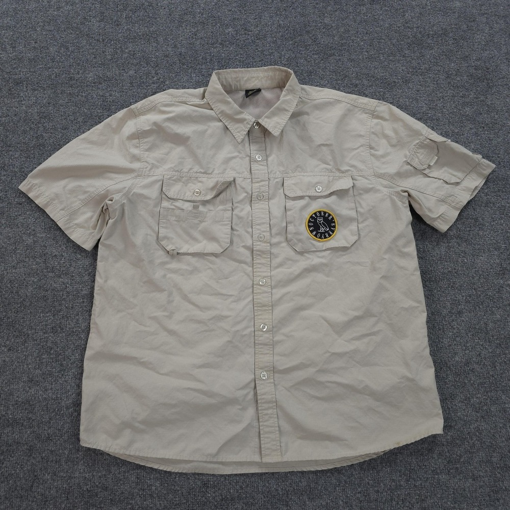 October's Very Own Shirt Mens XL Tan‎ Vented Fishing Button Up Owl Patch OVO
